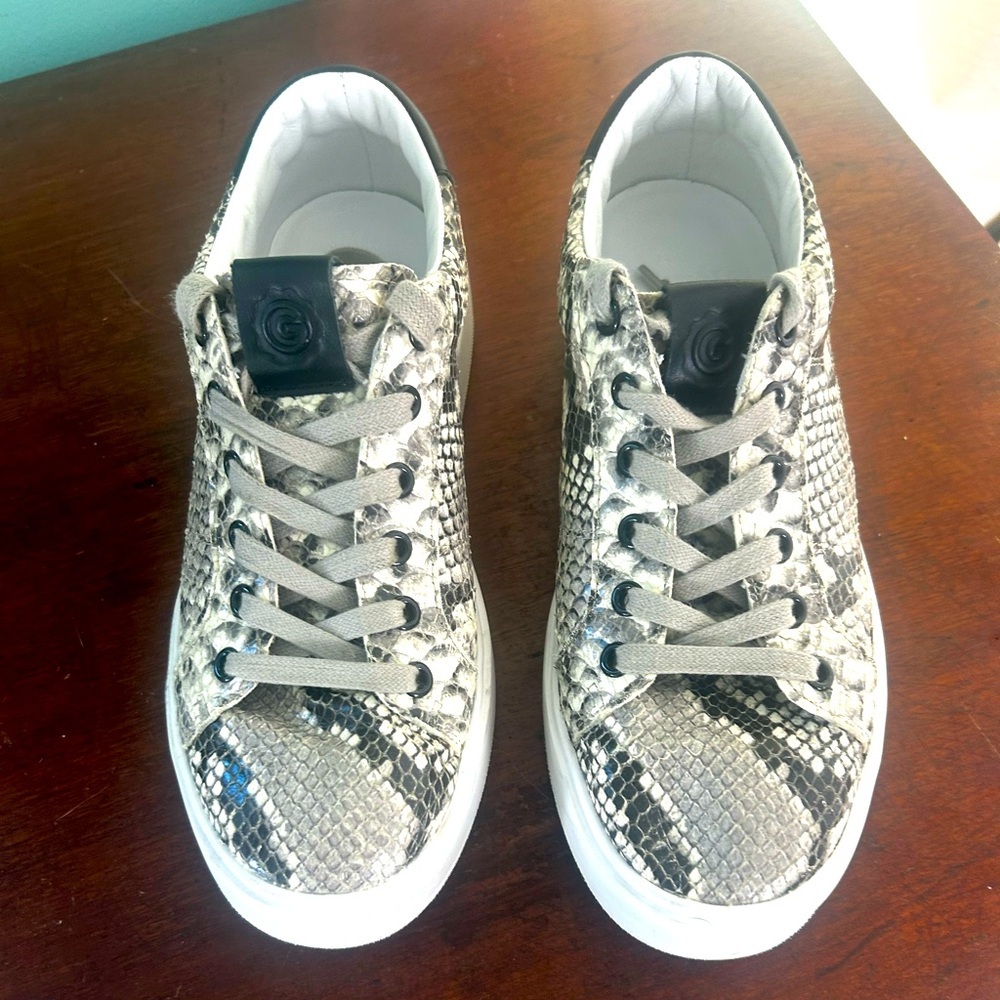 Greats Brooklyn Women 9.5 Brown Snakeskin Print Leather Lace Up Italian Sneakers